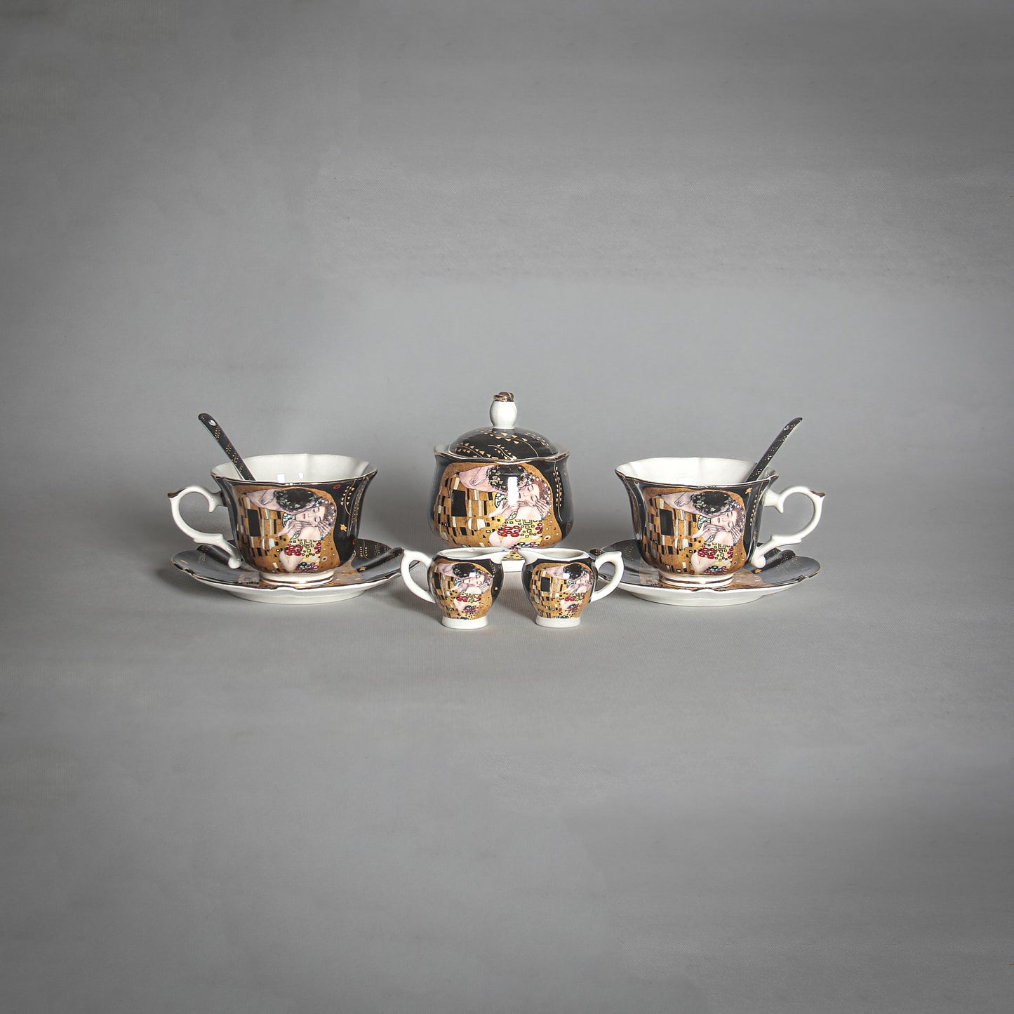 Gustav Klimt "The Kiss" Black Tea Set on the grey background