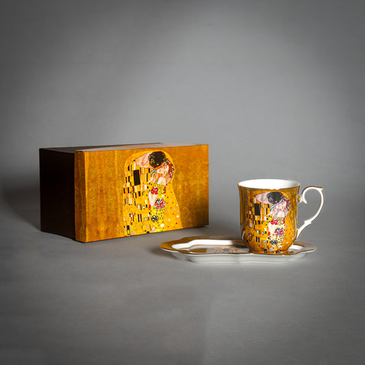 front and side view of Gustav Klimt The Kiss Cup and a matching tray on a grey background