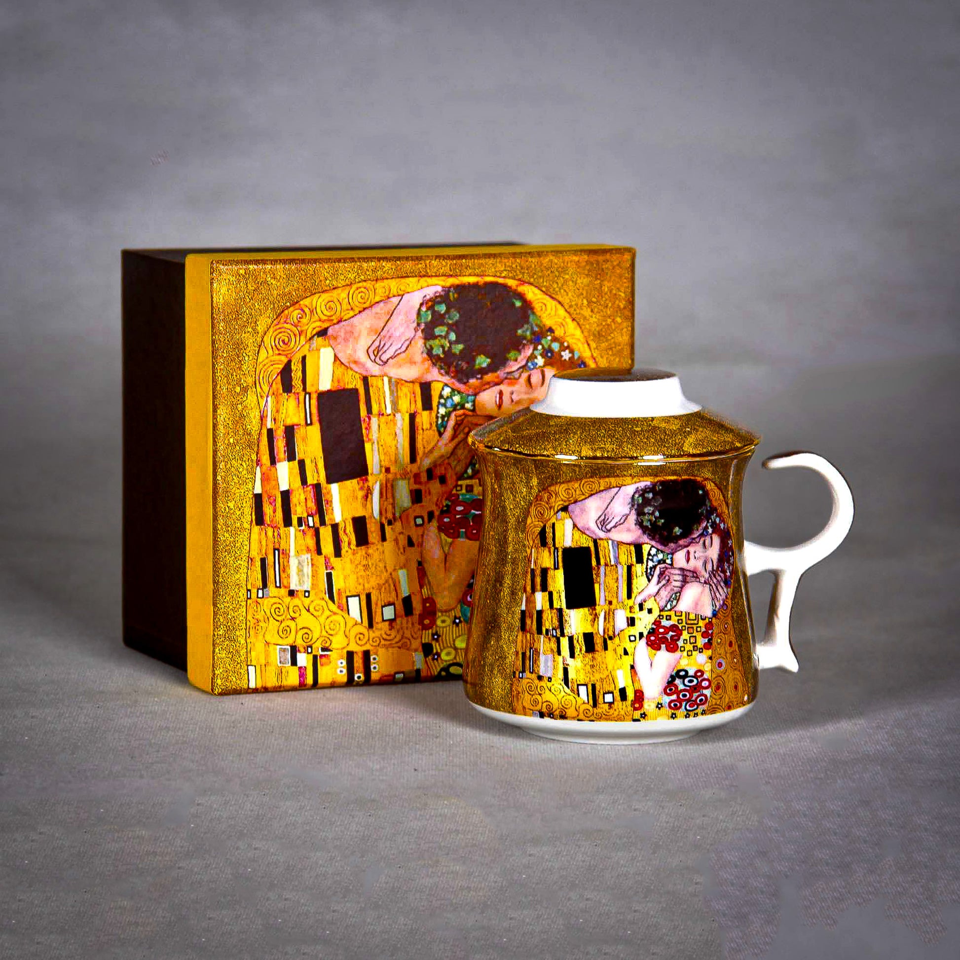 Gustav Klimt "The Kiss" Golden Tea Infuser on the grey background