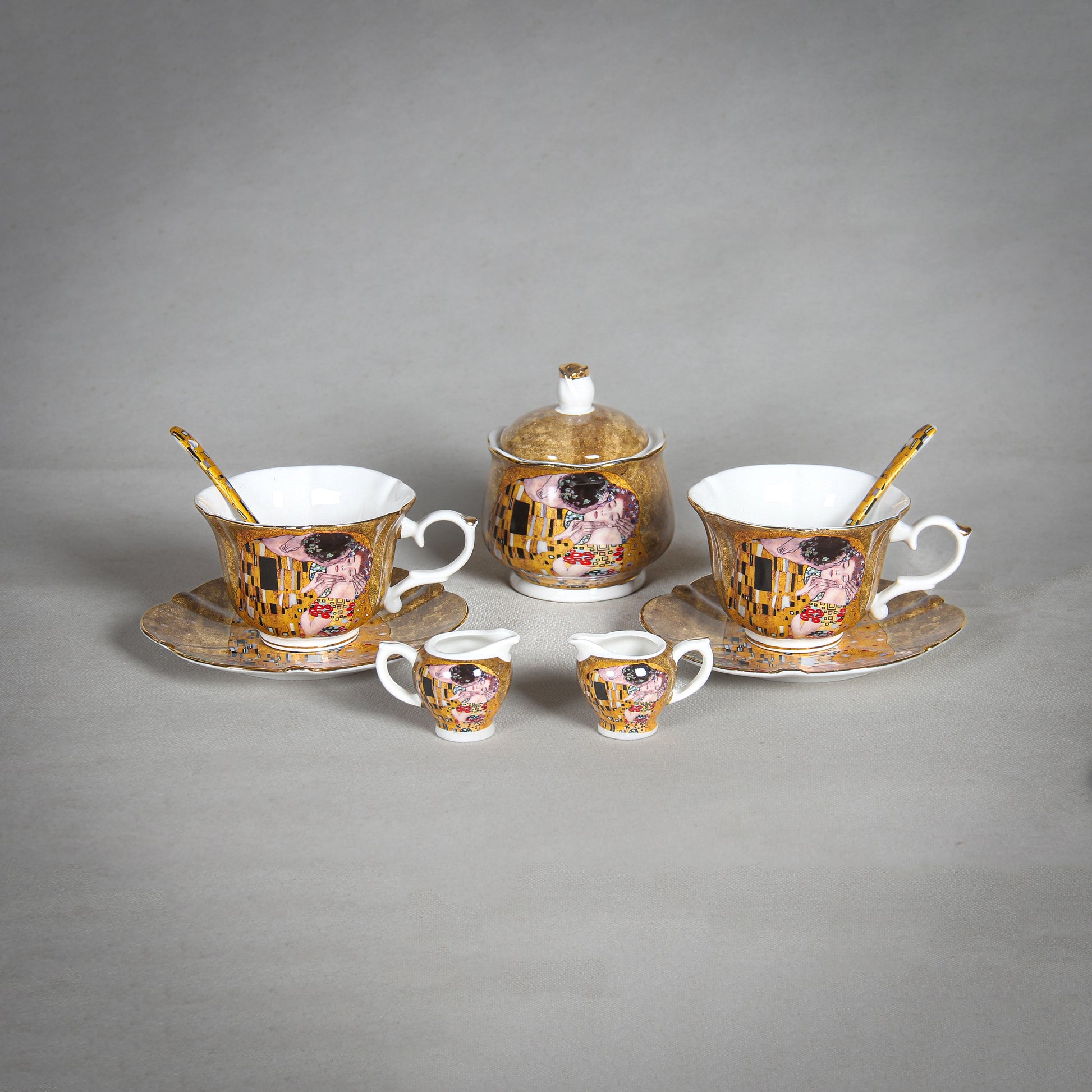 Gustav Klimt "The Kiss" Golden Tea Set on the grey background