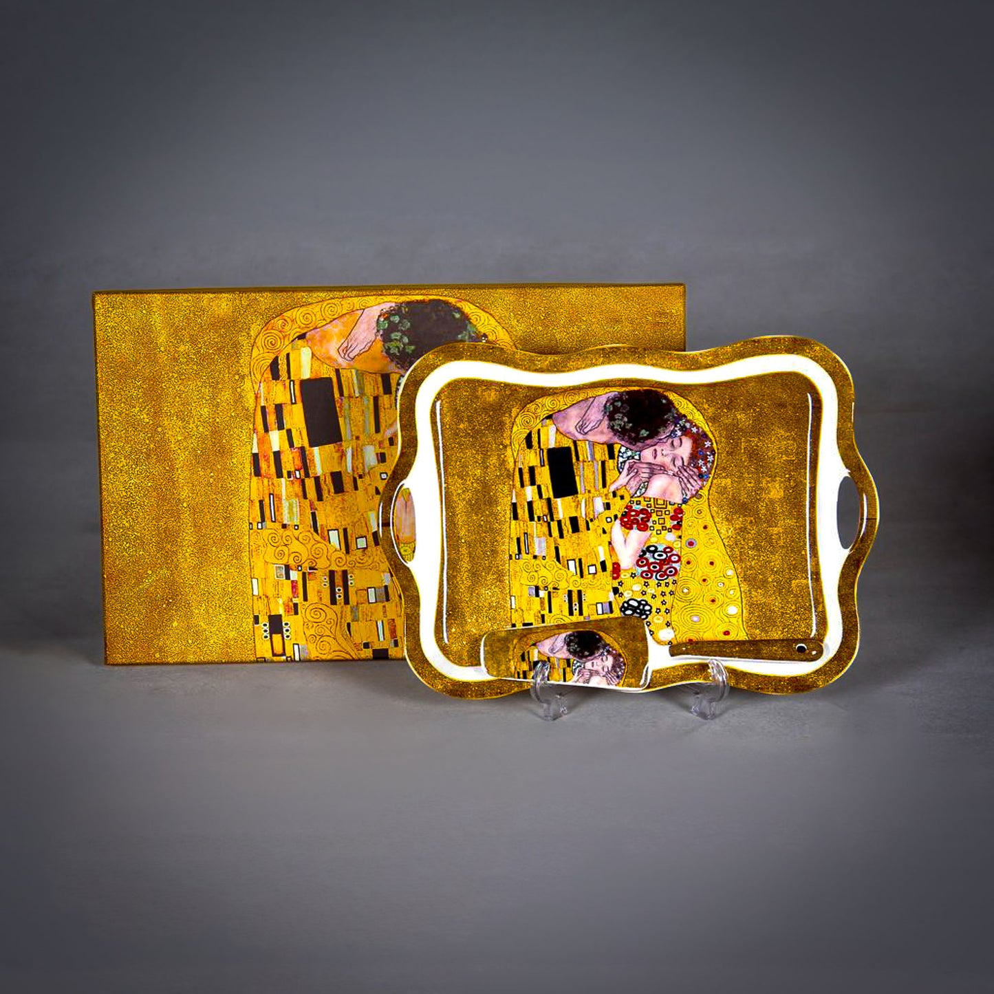 Gustav Klimt "The Kiss" Golden Tray with its box on the grey background