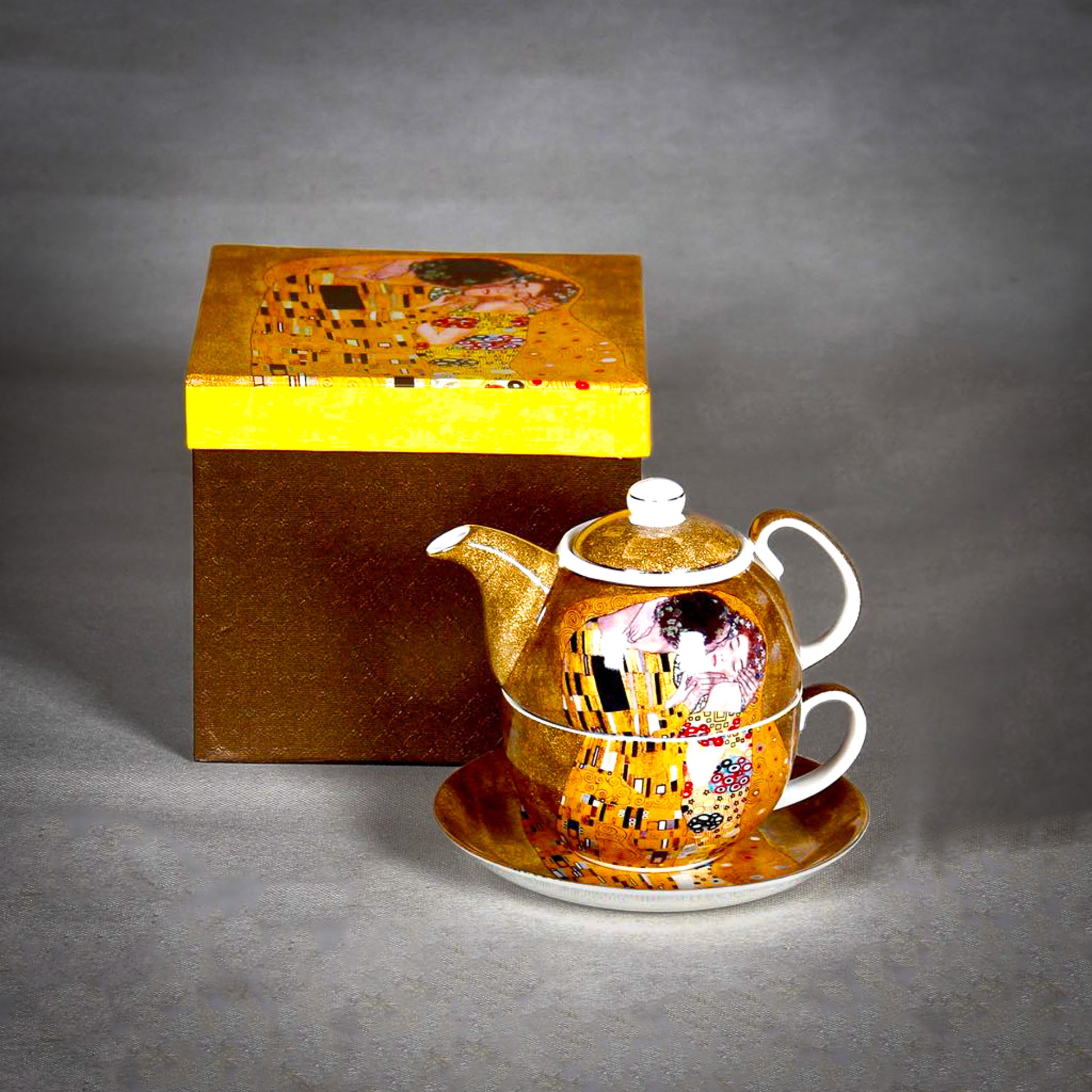 Gustav Klimt "The Kiss" Porcelain Teapot, Cup and Saucer on the grey background