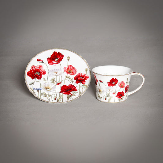 "The Poppy" White Cup and Saucer on the grey background
