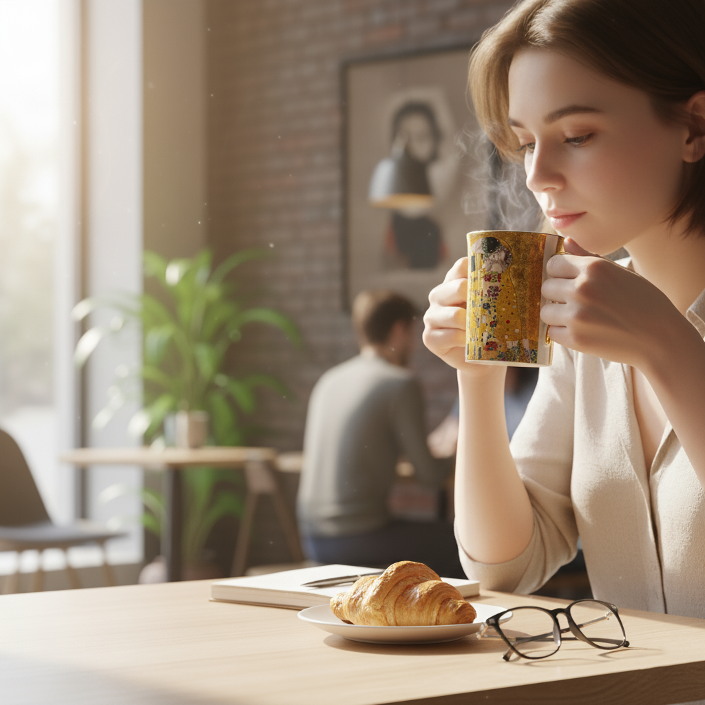Woman holding Klimt Art Nouveau mug