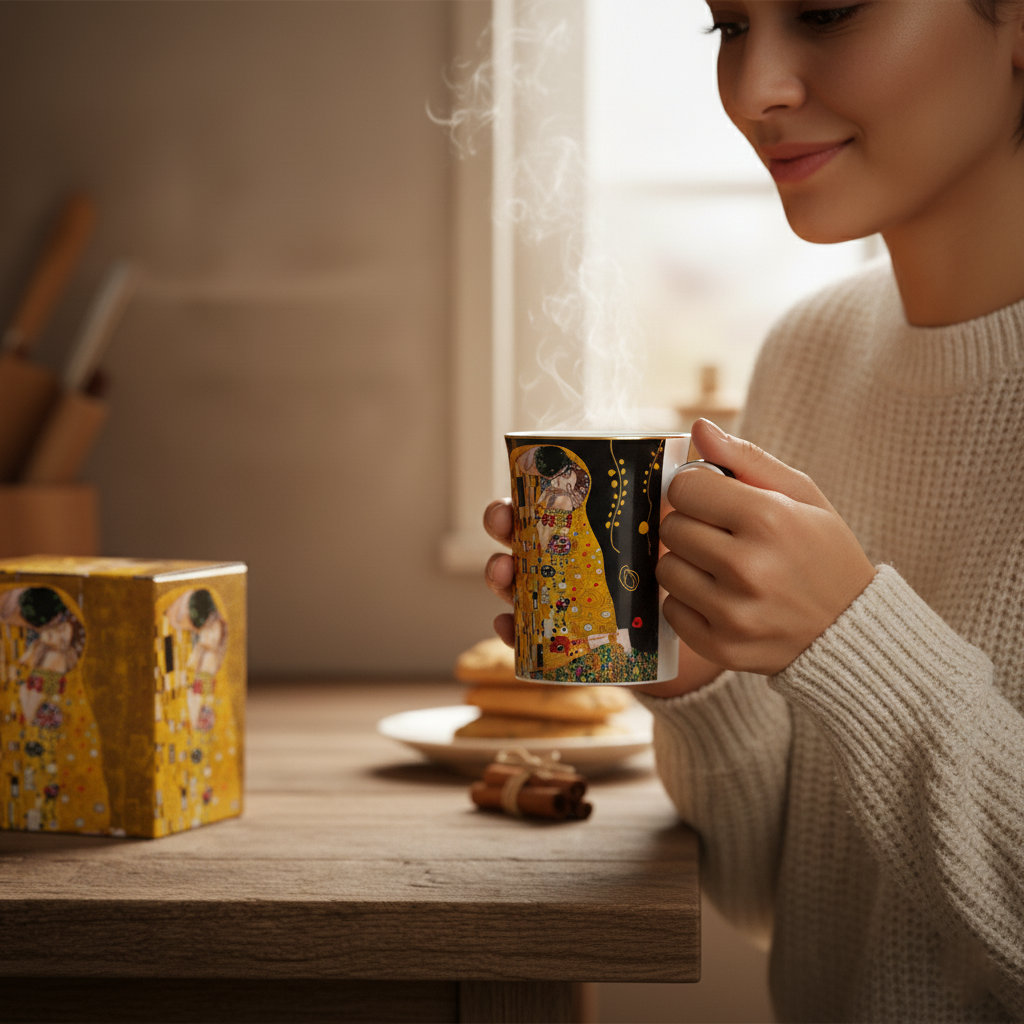 Person holding Klimt Kiss mug, gift set displayed