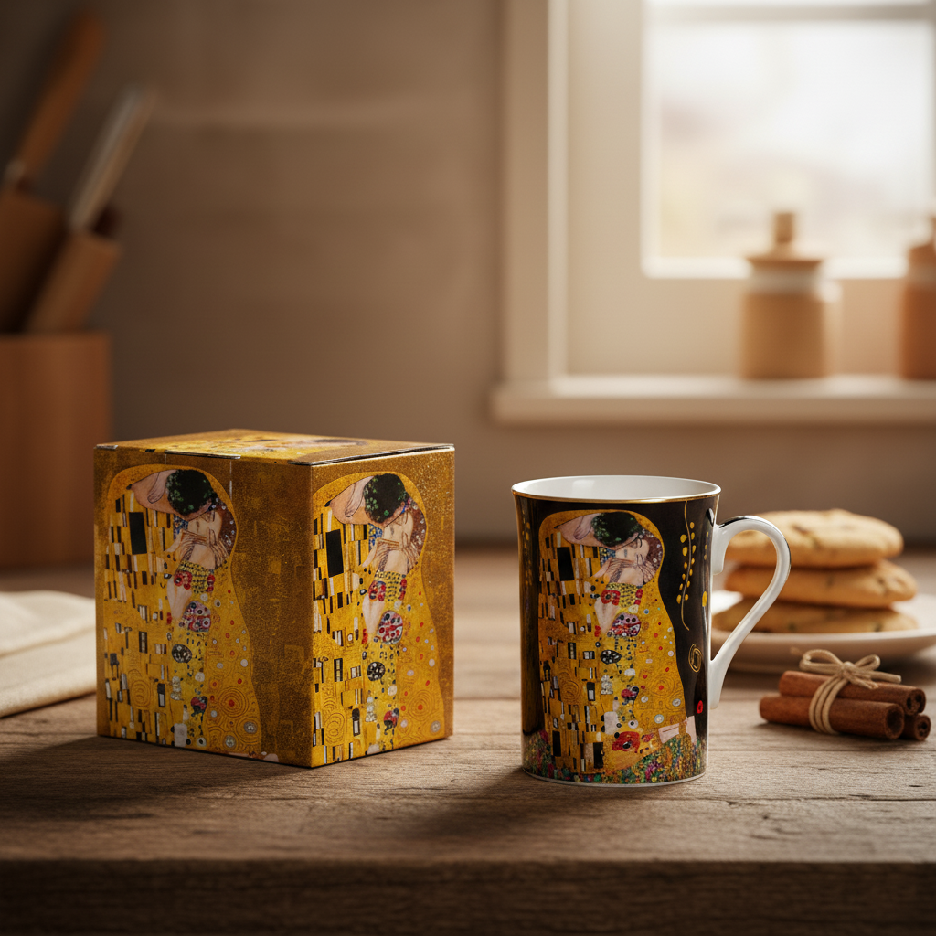 Gift set with Klimt Kiss mug and box on wood table