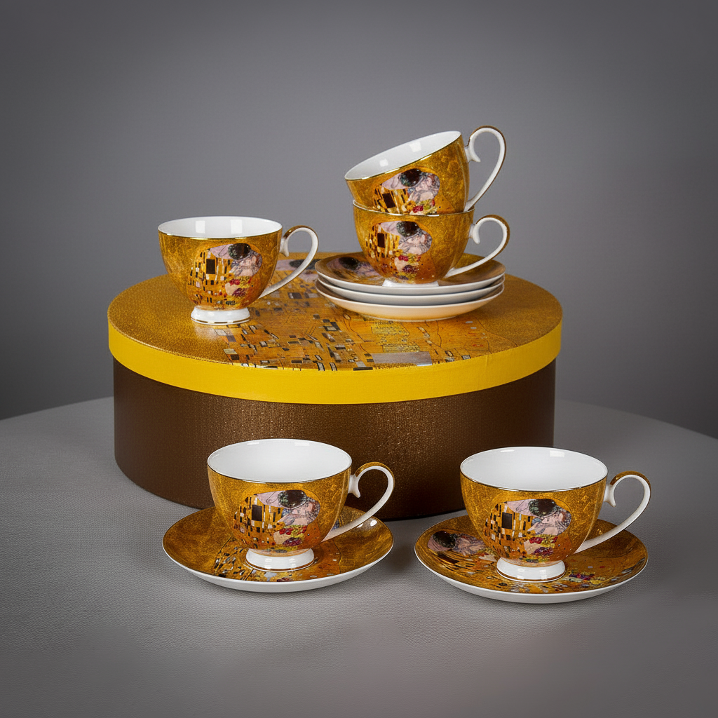twelve klimt cups displayed on round table