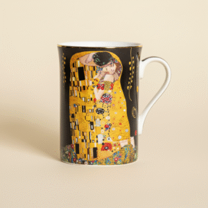 Classic porcelain mug with Klimt The Kiss design, elegant and artistic