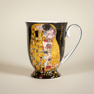 Footed porcelain mug with Klimt The Kiss design, Art Nouveau style