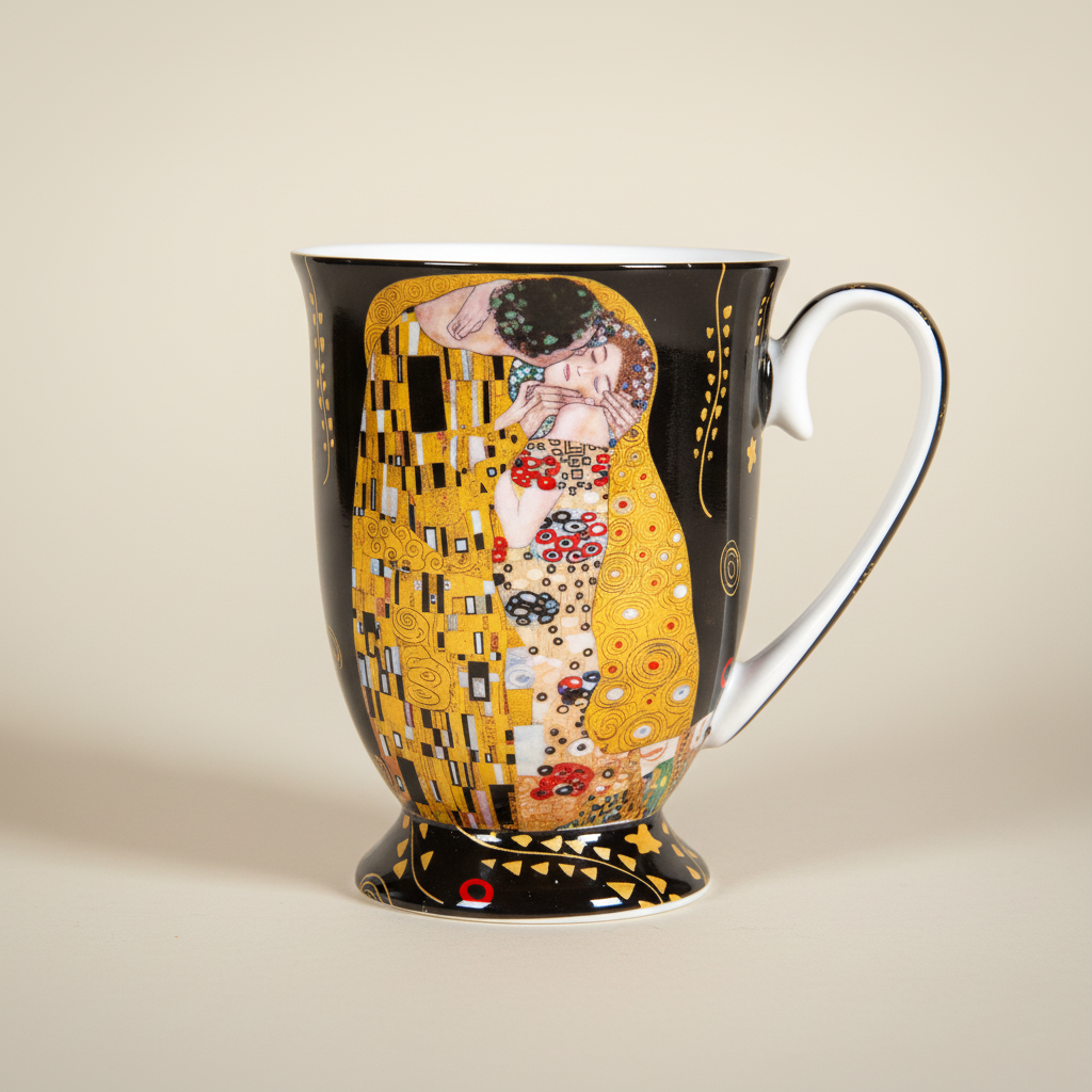 Footed porcelain mug with Klimt The Kiss design, Art Nouveau style