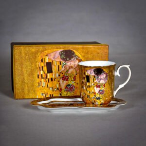 Porcelain mug and tray gift set with Klimt The Kiss design and elegant box
