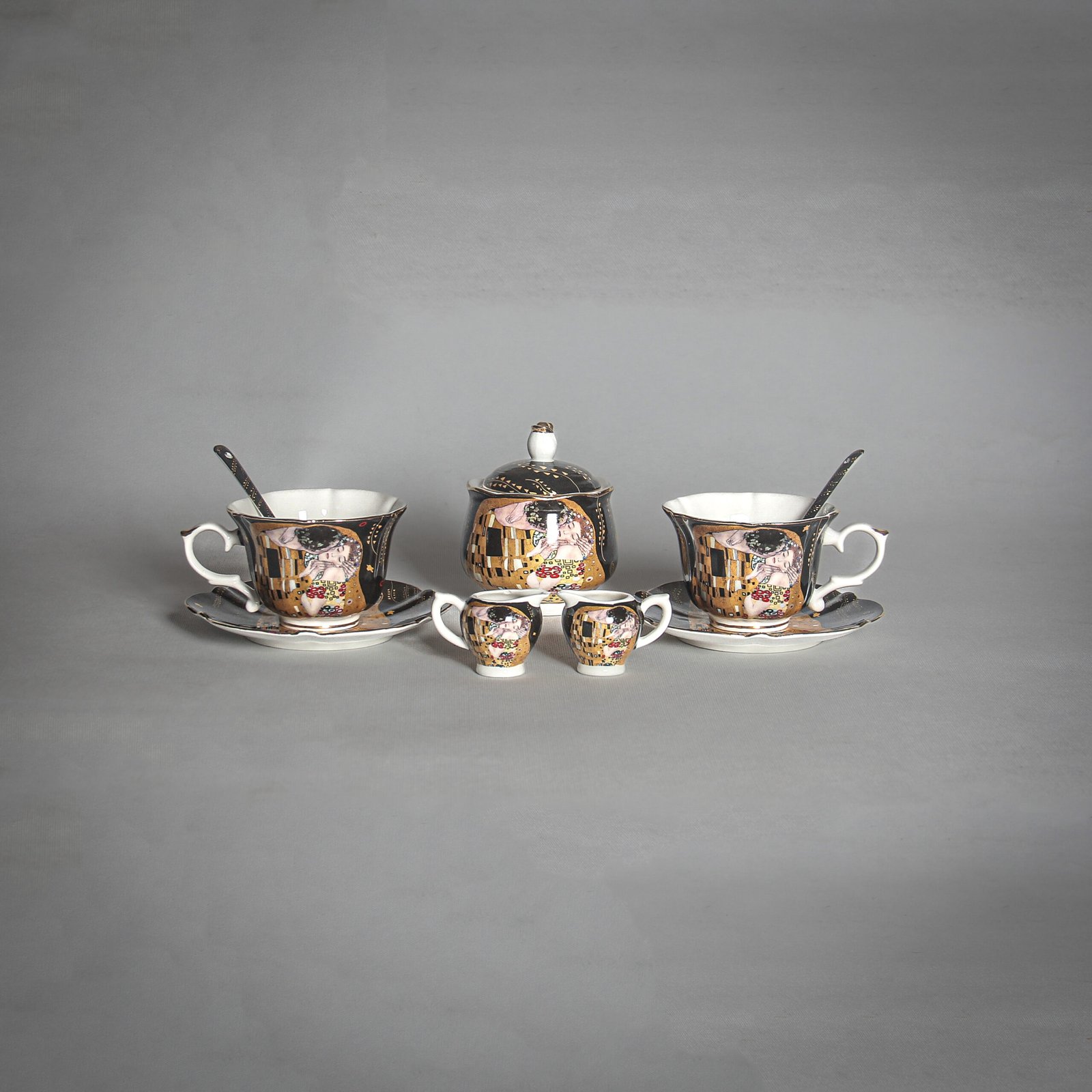 Klimt The Kiss tea and coffee set for two with sugar bowl and teaspoons