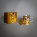 Porcelain tea infuser mug with Klimt The Kiss design and matching gift box