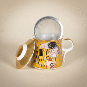 Gold porcelain tea infuser mug with Klimt The Kiss design and removable strainer