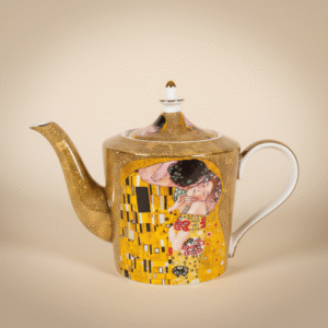 Gold porcelain teapot with Klimt The Kiss artwork, Art Nouveau motif