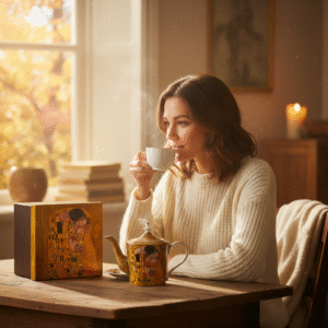 Woman enjoying coffee with Klimt The Kiss teapot and gift box in cozy autumn interior
