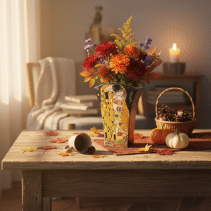 Klimt The Kiss rectangular vase with vibrant autumn flowers as table centerpiece